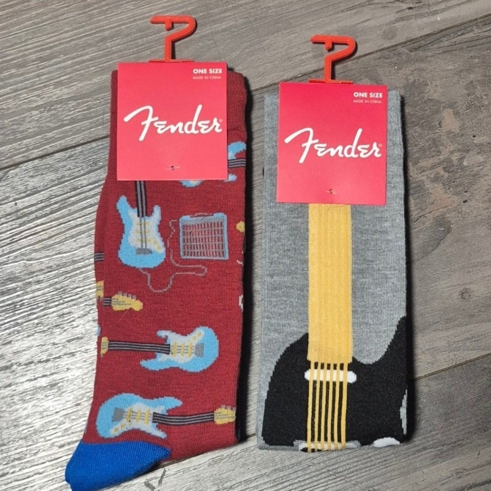 Fender Guitar Crew Socks 2 Pair Set Mens Shoe Size 7-12 Red Grey Rock Music New